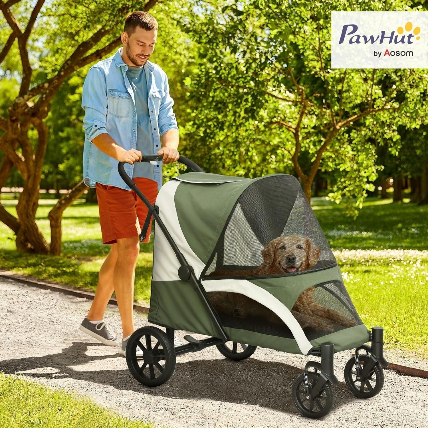 Large Dog Stroller Pet Pram Foldable Pushchair Shock - Absorbing Dark Green - Kwikley