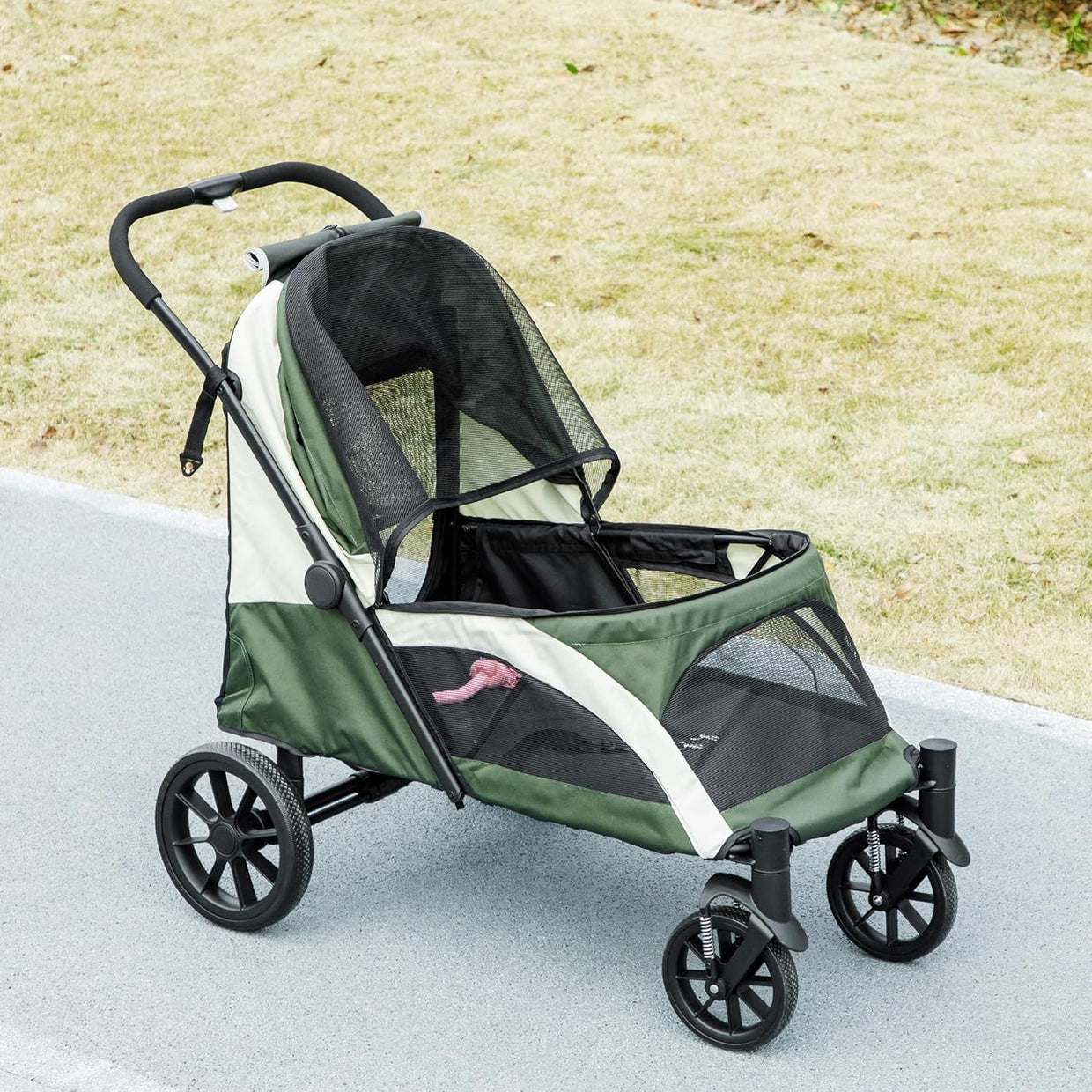 Large Dog Stroller Pet Pram Foldable Pushchair Shock - Absorbing Dark Green - Kwikley