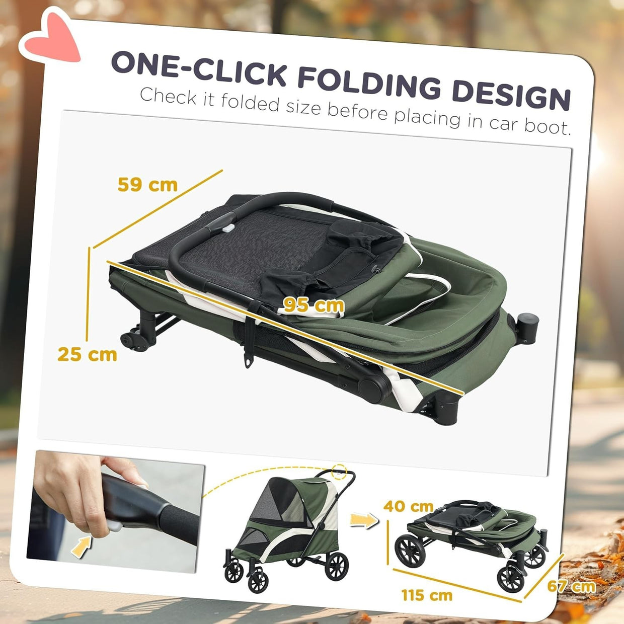 Large Dog Stroller Pet Pram Foldable Pushchair Shock - Absorbing Dark Green - Kwikley