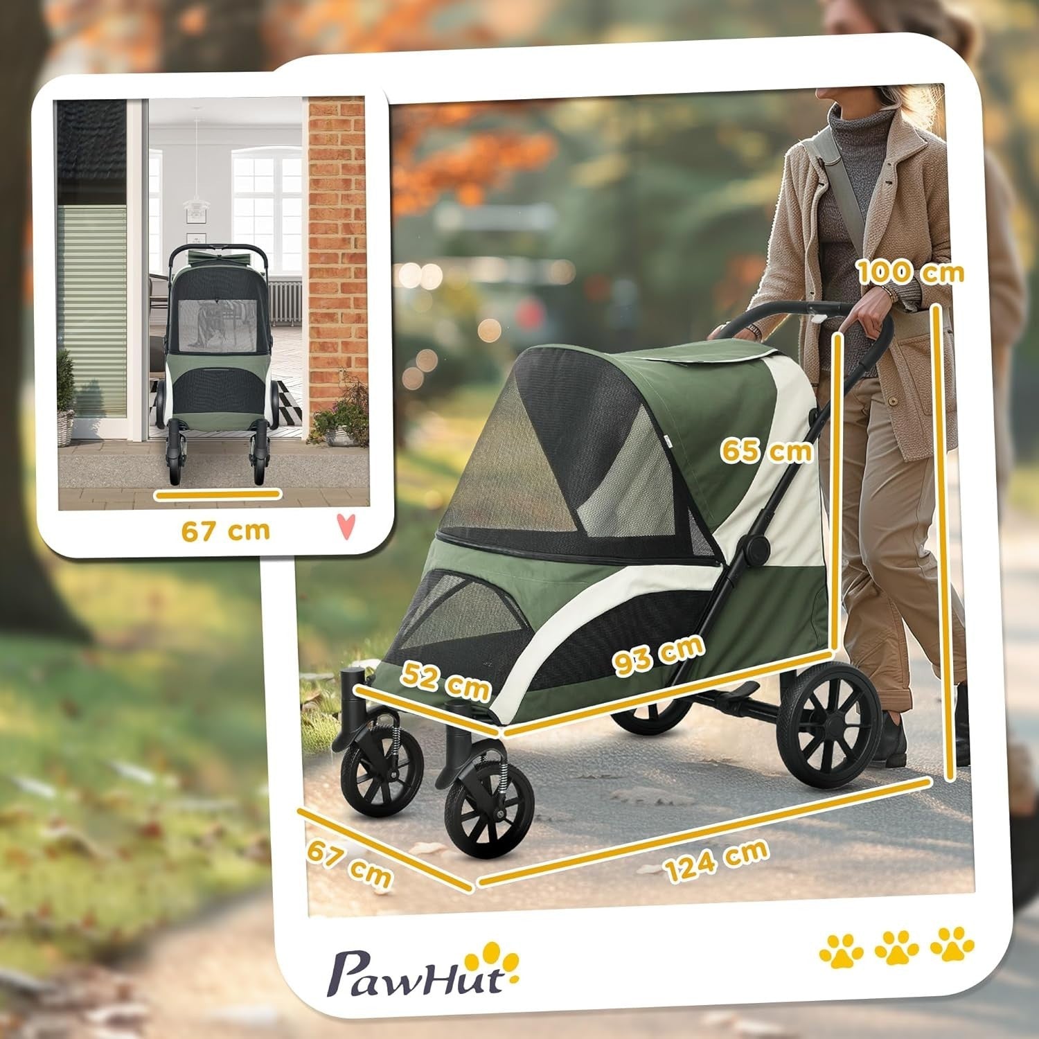 Large Dog Stroller Pet Pram Foldable Pushchair Shock - Absorbing Dark Green - Kwikley