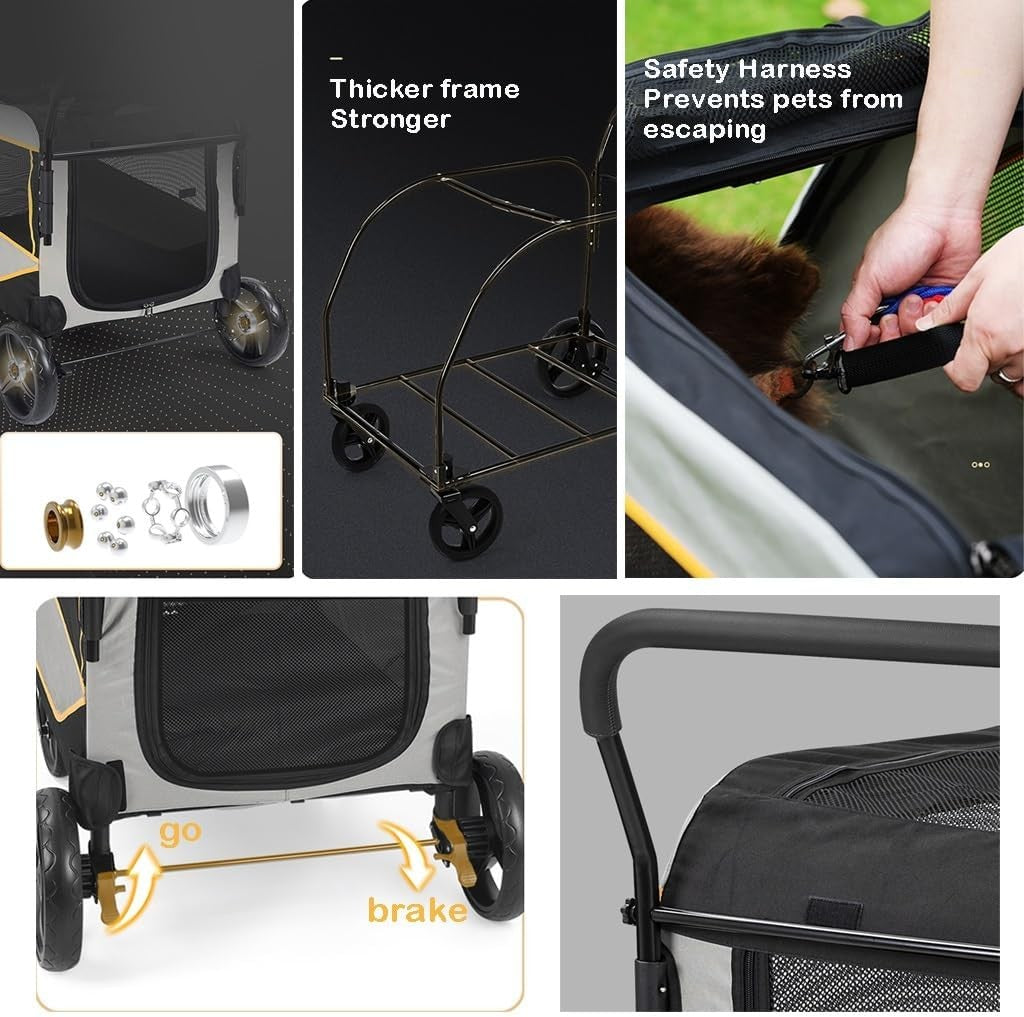 Large Dog Stroller Pram 60kg Heavy Duty Multi Pet Pushchair Grey Yellow - Kwikley