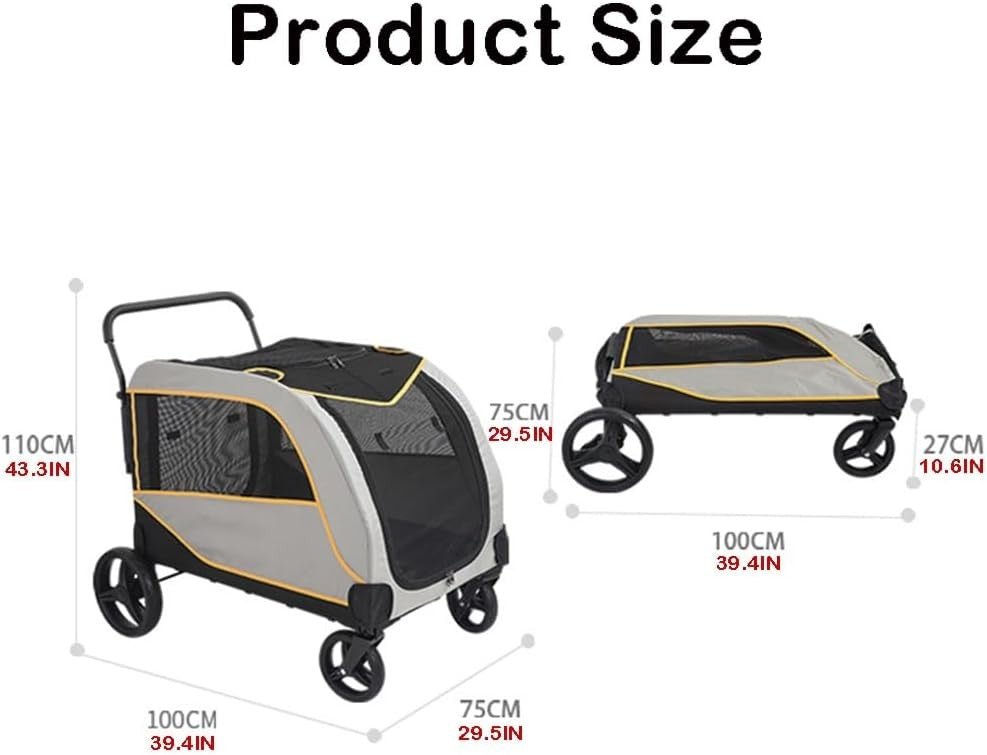 Large Dog Stroller Pram 60kg Heavy Duty Multi Pet Pushchair Grey Yellow - Kwikley