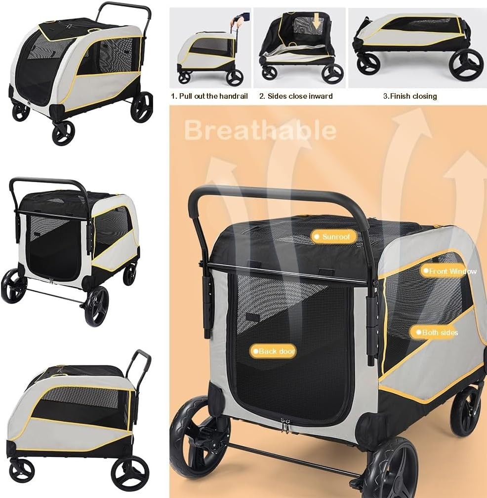 Large Dog Stroller Pram 60kg Heavy Duty Multi Pet Pushchair Grey Yellow - Kwikley