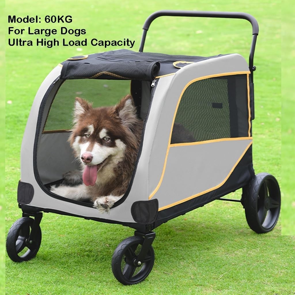 Large Dog Stroller Pram 60kg Heavy Duty Multi Pet Pushchair Grey Yellow - Kwikley
