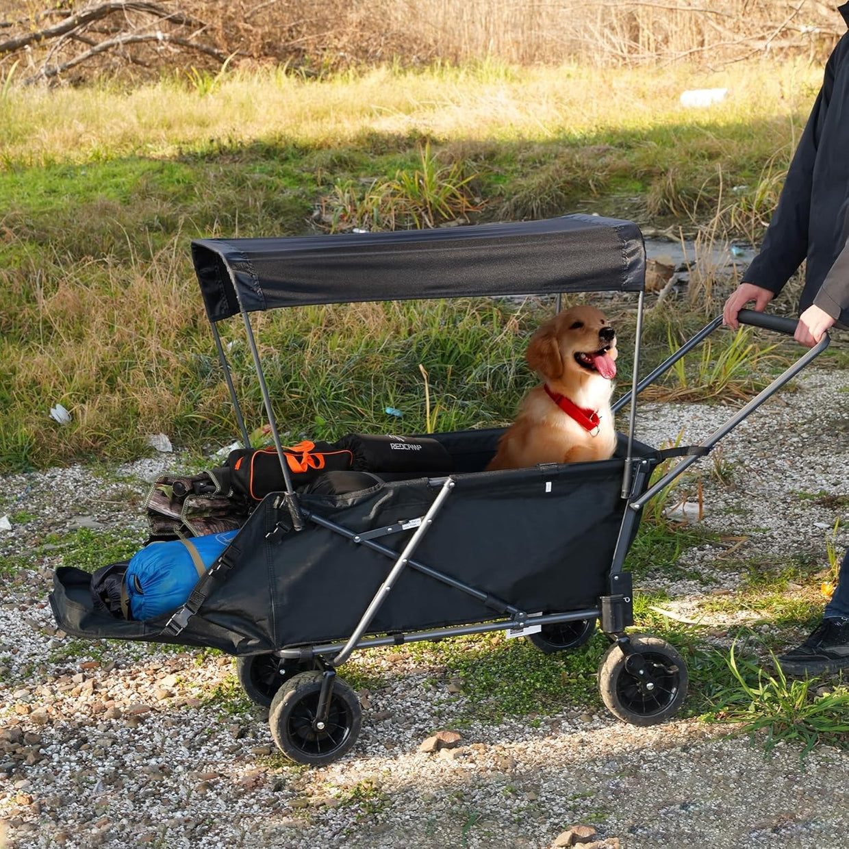 Large Dog Wagon Cart with Canopy Heavy Duty Folding Pet Trolley Black - Kwikley