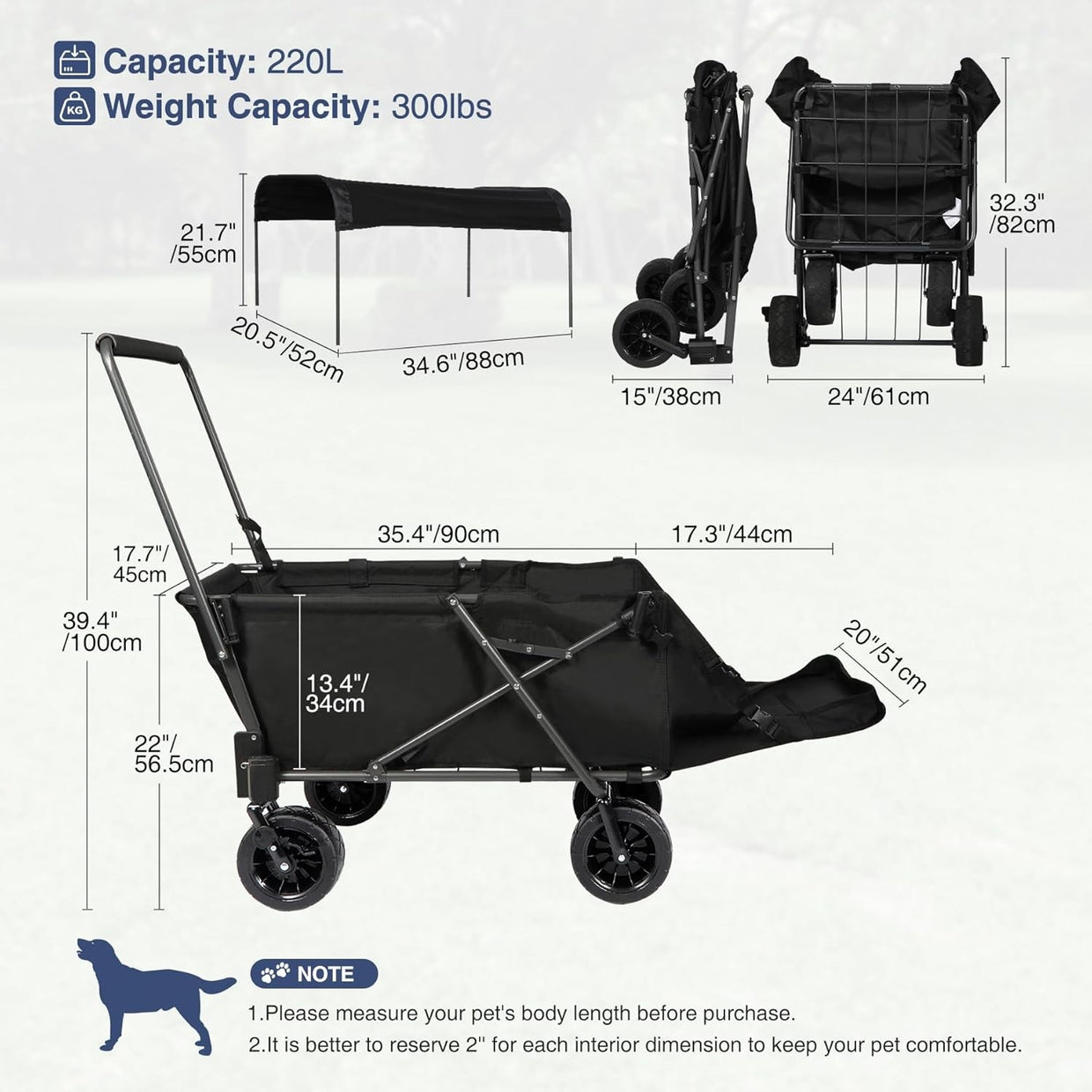 Large Dog Wagon Cart with Canopy Heavy Duty Folding Pet Trolley Black - Kwikley