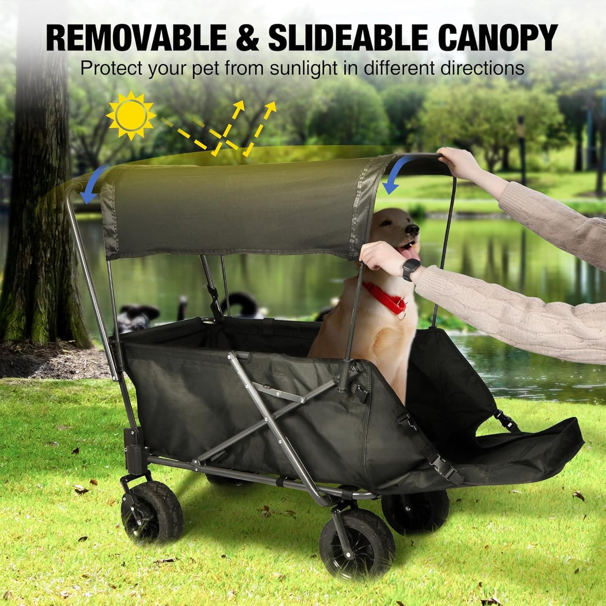 Large Dog Wagon Cart with Canopy Heavy Duty Folding Pet Trolley Black - Kwikley