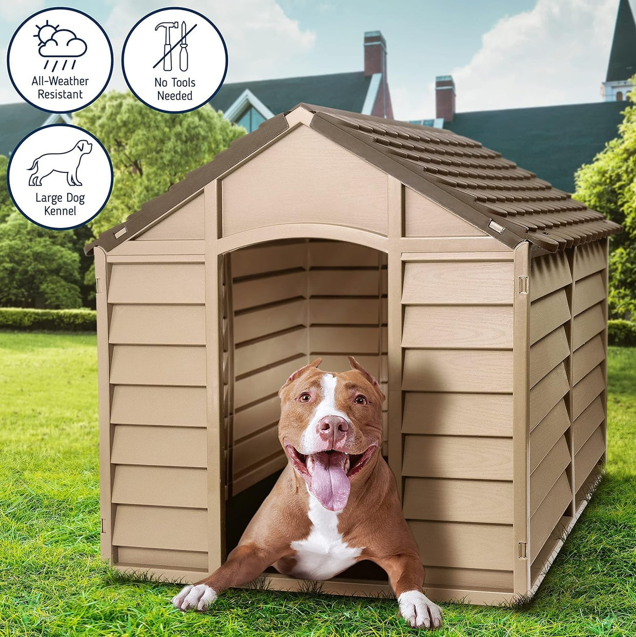 Large Durable Plastic Dog House Kennel Weather - Resistant Spacious Brown 85cm - Kwikley