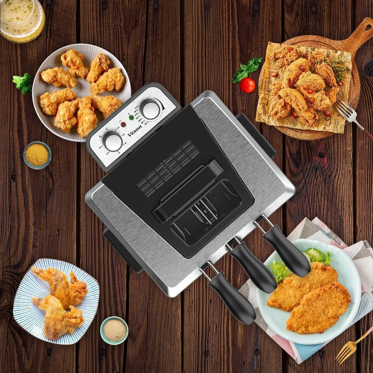 Large Electric Deep Fat Fryer 5L 1800W Stainless Steel 3 Baskets Window - Kwikley