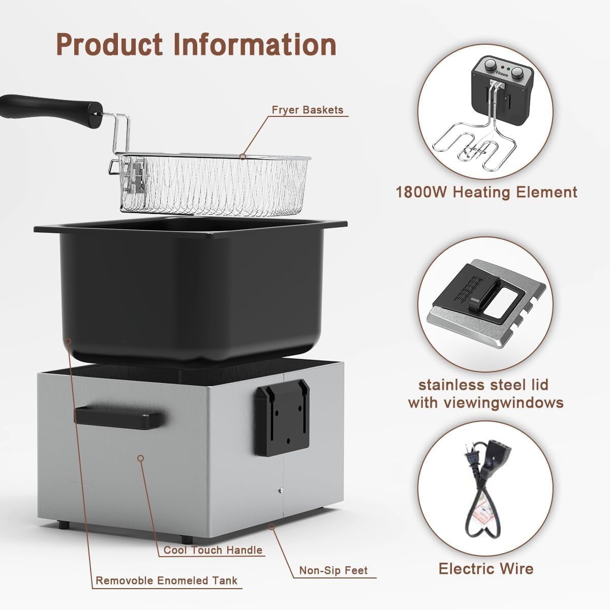 Large Electric Deep Fat Fryer 5L 1800W Stainless Steel 3 Baskets Window - Kwikley