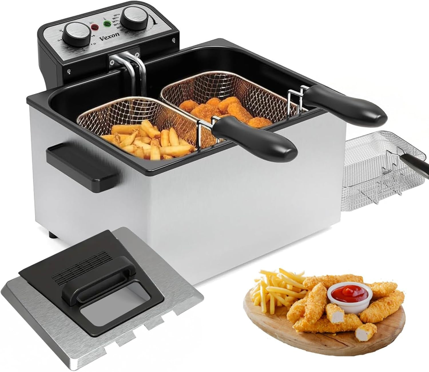 Large Electric Deep Fat Fryer 5L 1800W Stainless Steel 3 Baskets Window - Kwikley