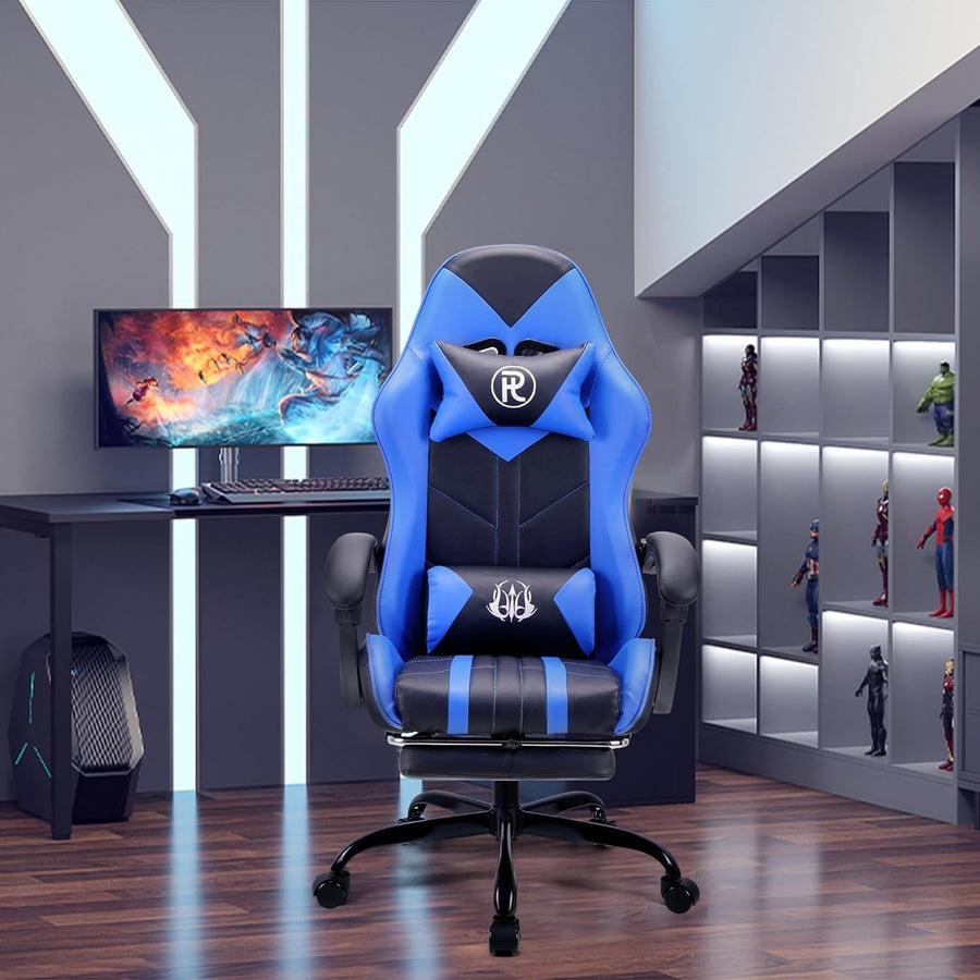 Large Ergonomic Gaming Chair Blue PU Leather Adjustable Height Headrest Footrest - Kwikley