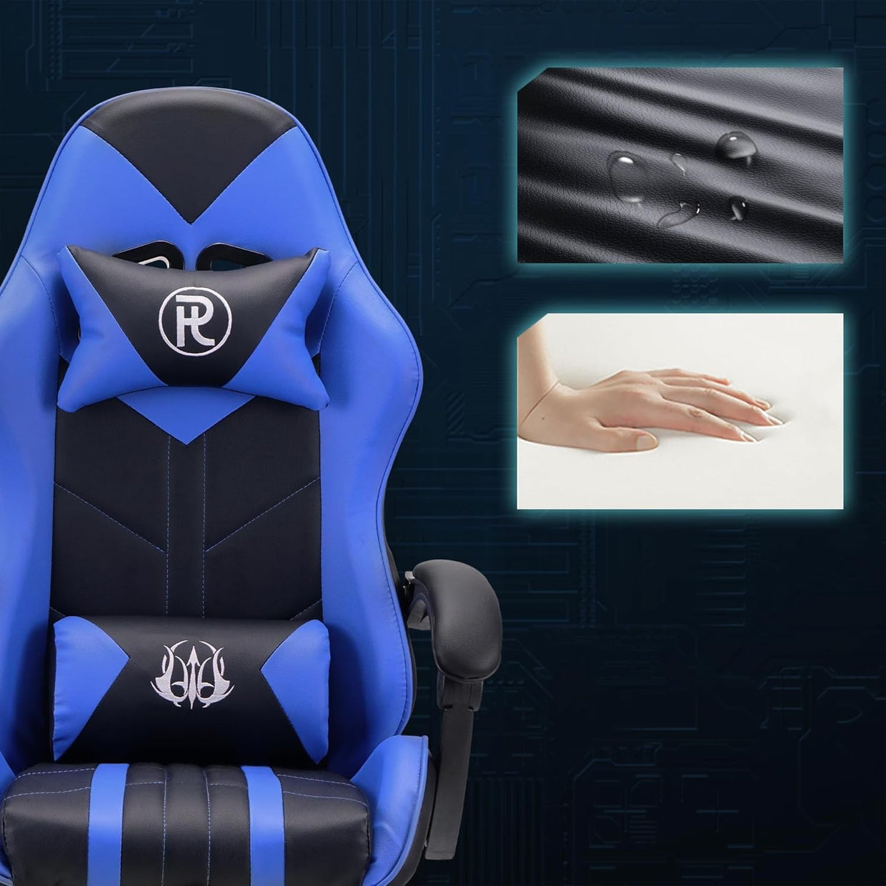 Large Ergonomic Gaming Chair Blue PU Leather Adjustable Height Headrest Footrest - Kwikley