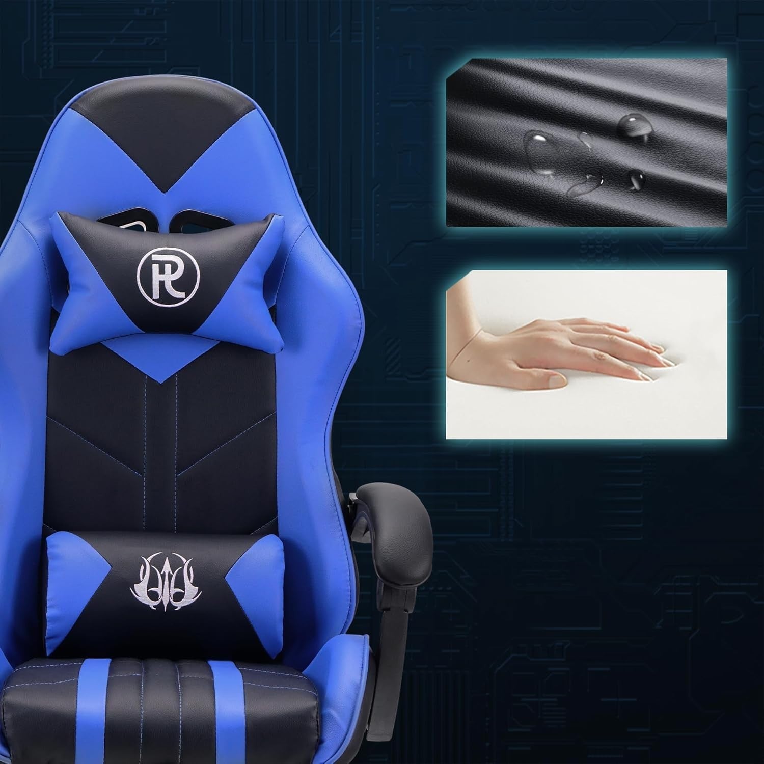 Large Ergonomic Gaming Chair Blue PU Leather Adjustable Height Headrest Footrest - Kwikley