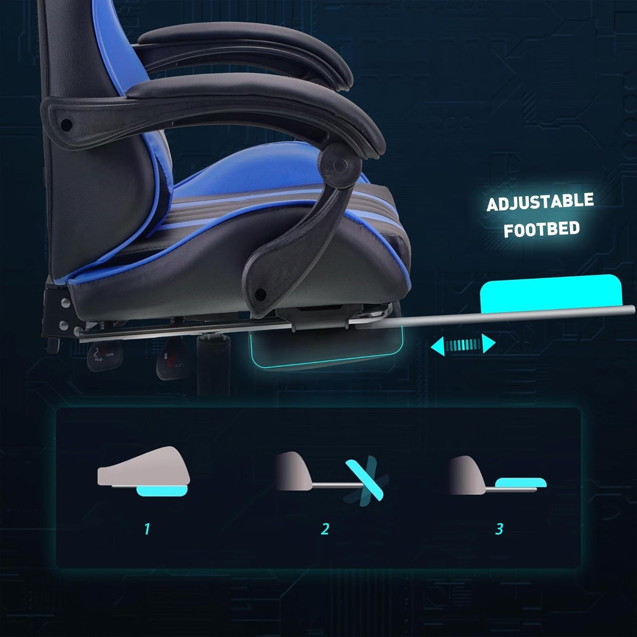 Large Ergonomic Gaming Chair Blue PU Leather Adjustable Height Headrest Footrest - Kwikley