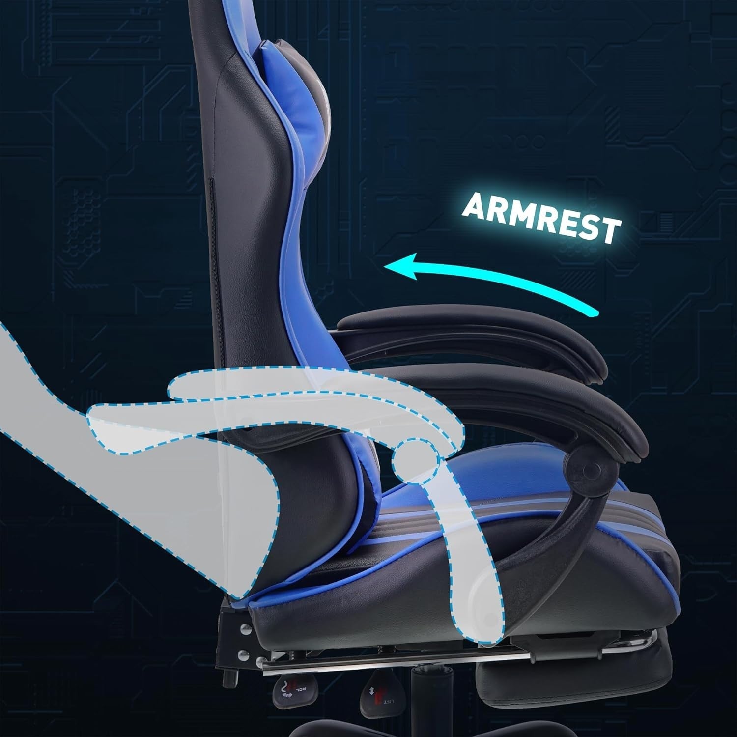 Large Ergonomic Gaming Chair Blue PU Leather Adjustable Height Headrest Footrest - Kwikley