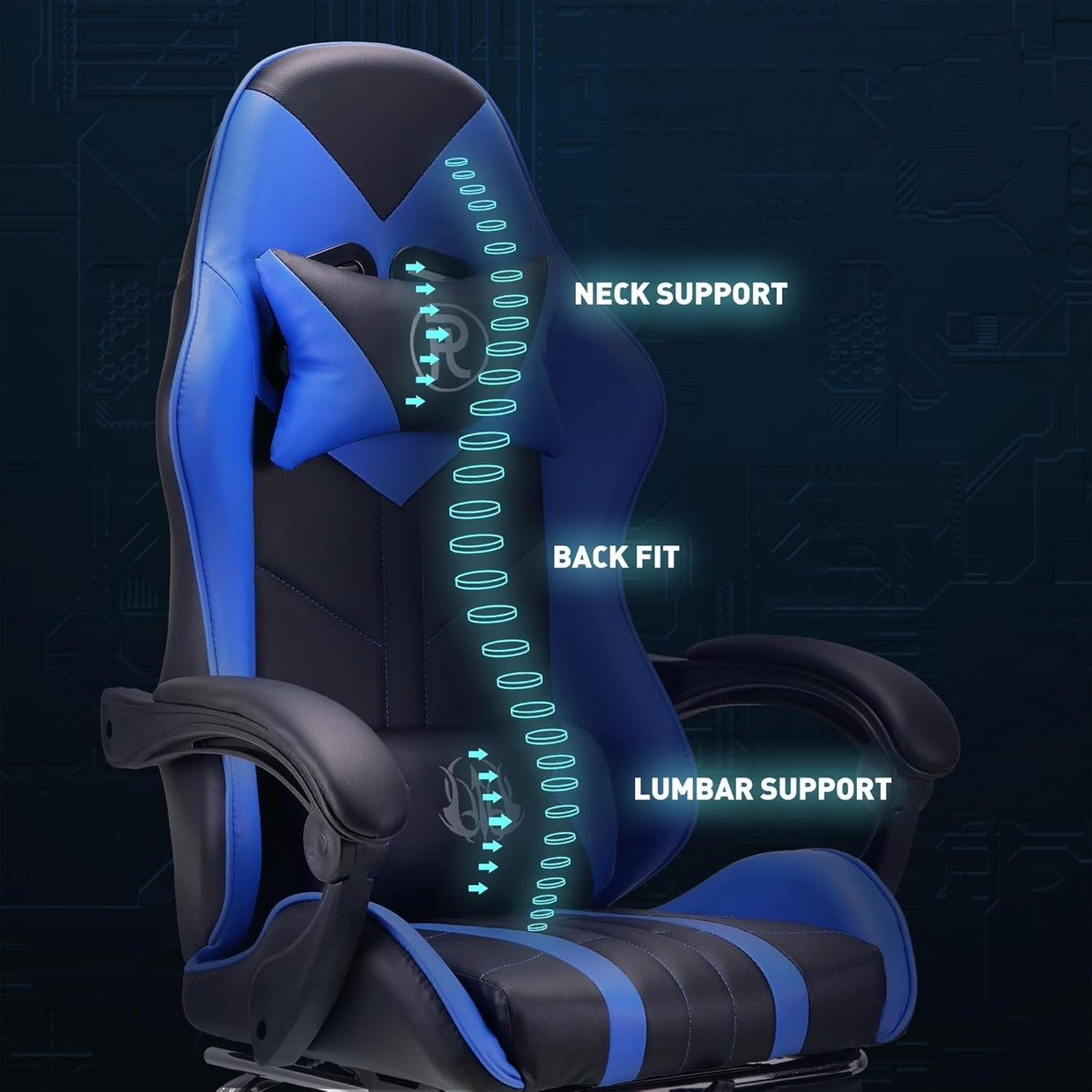 Large Ergonomic Gaming Chair Blue PU Leather Adjustable Height Headrest Footrest - Kwikley
