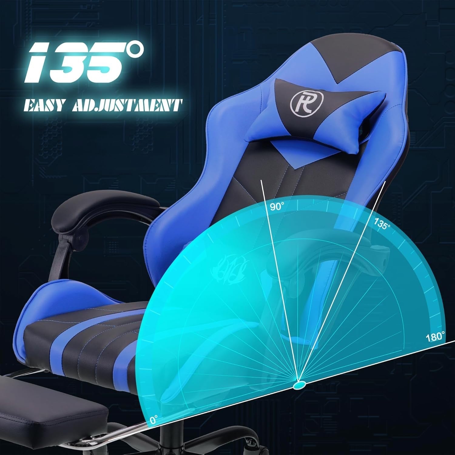 Large Ergonomic Gaming Chair Blue PU Leather Adjustable Height Headrest Footrest - Kwikley