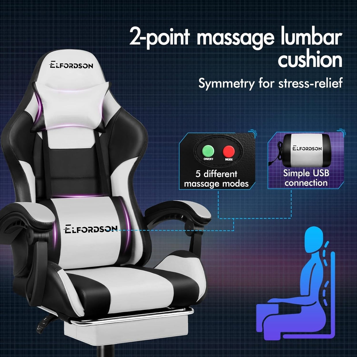Large Ergonomic Gaming Chair Reclining PU Leather Office Desk PC Swivel White - Kwikley