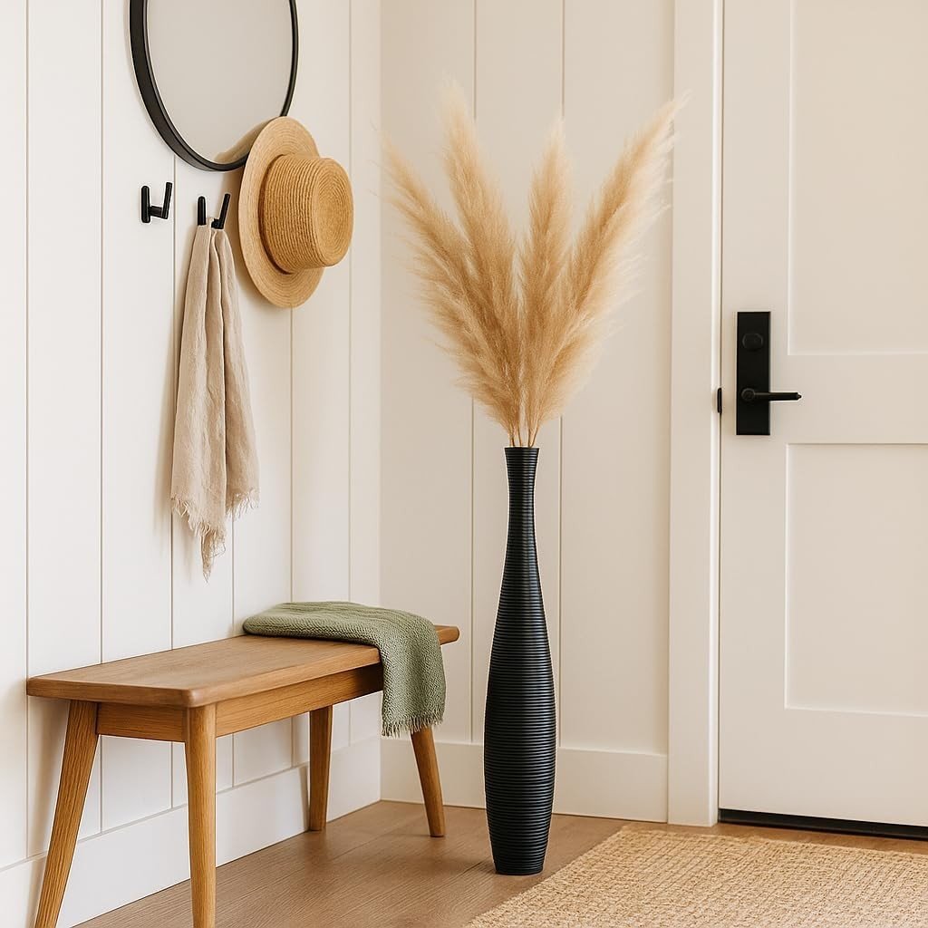 Large Floor Vase 85cm Tall Black Wooden Decor for Pampas Grass - Kwikley