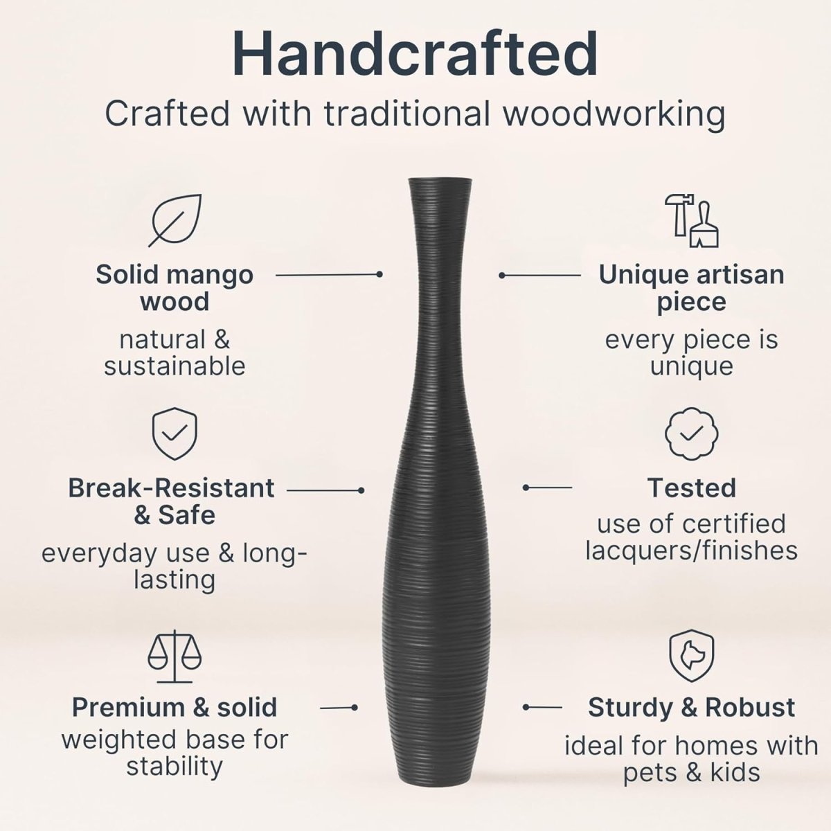 Large Floor Vase 85cm Tall Black Wooden Decor for Pampas Grass - Kwikley