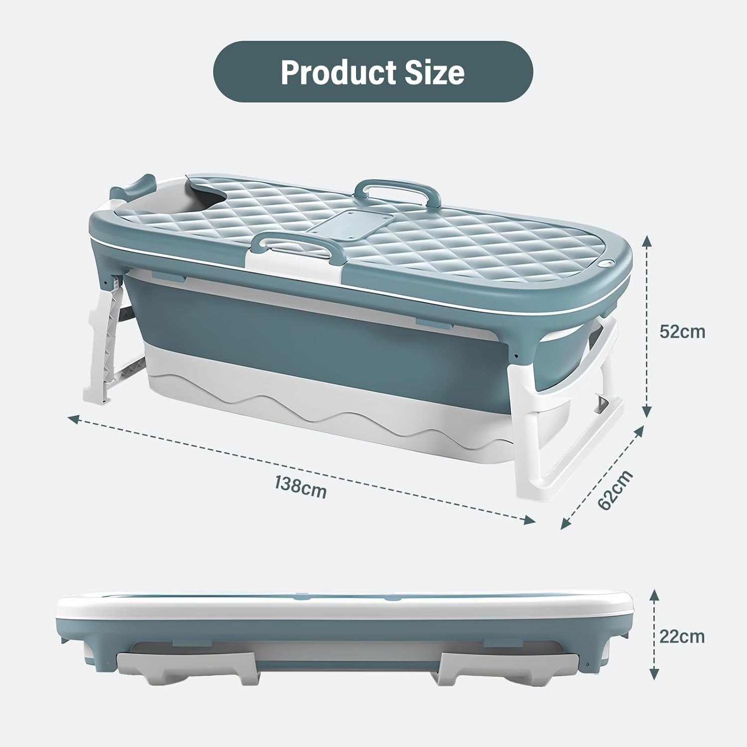 Large Foldable Portable Adult Bathtub 138x62x52cm with Lid & Foot Massage - Kwikley
