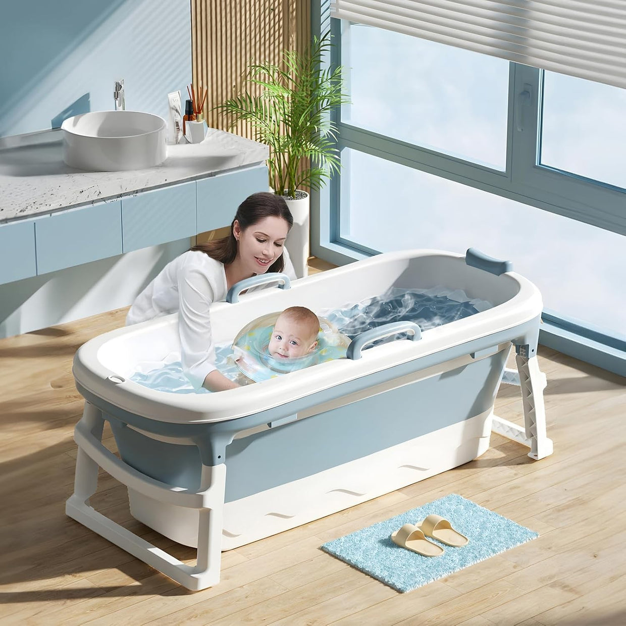 Large Foldable Portable Adult Bathtub 138x62x52cm with Lid & Foot Massage - Kwikley