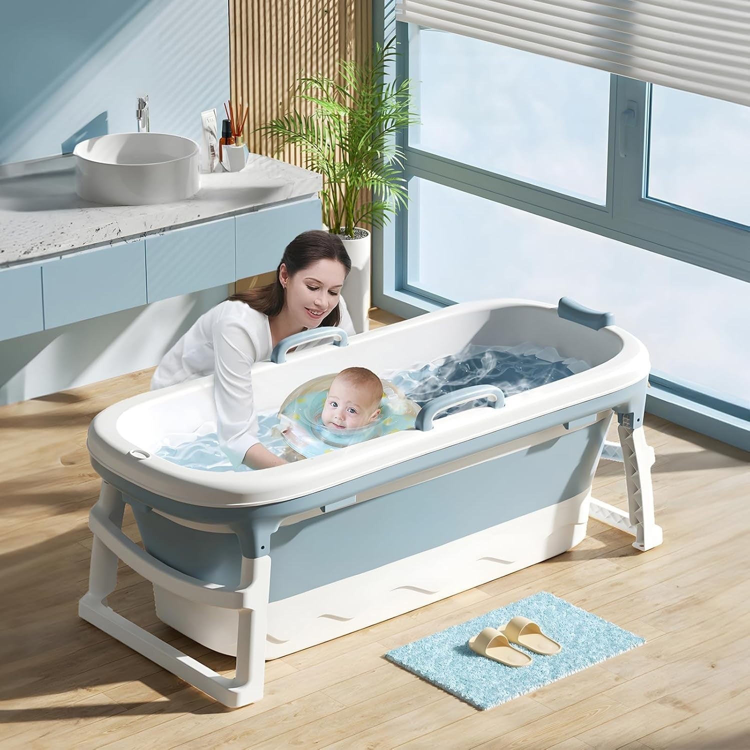 Large Foldable Portable Adult Bathtub 138x62x52cm with Lid & Foot Massage - Kwikley