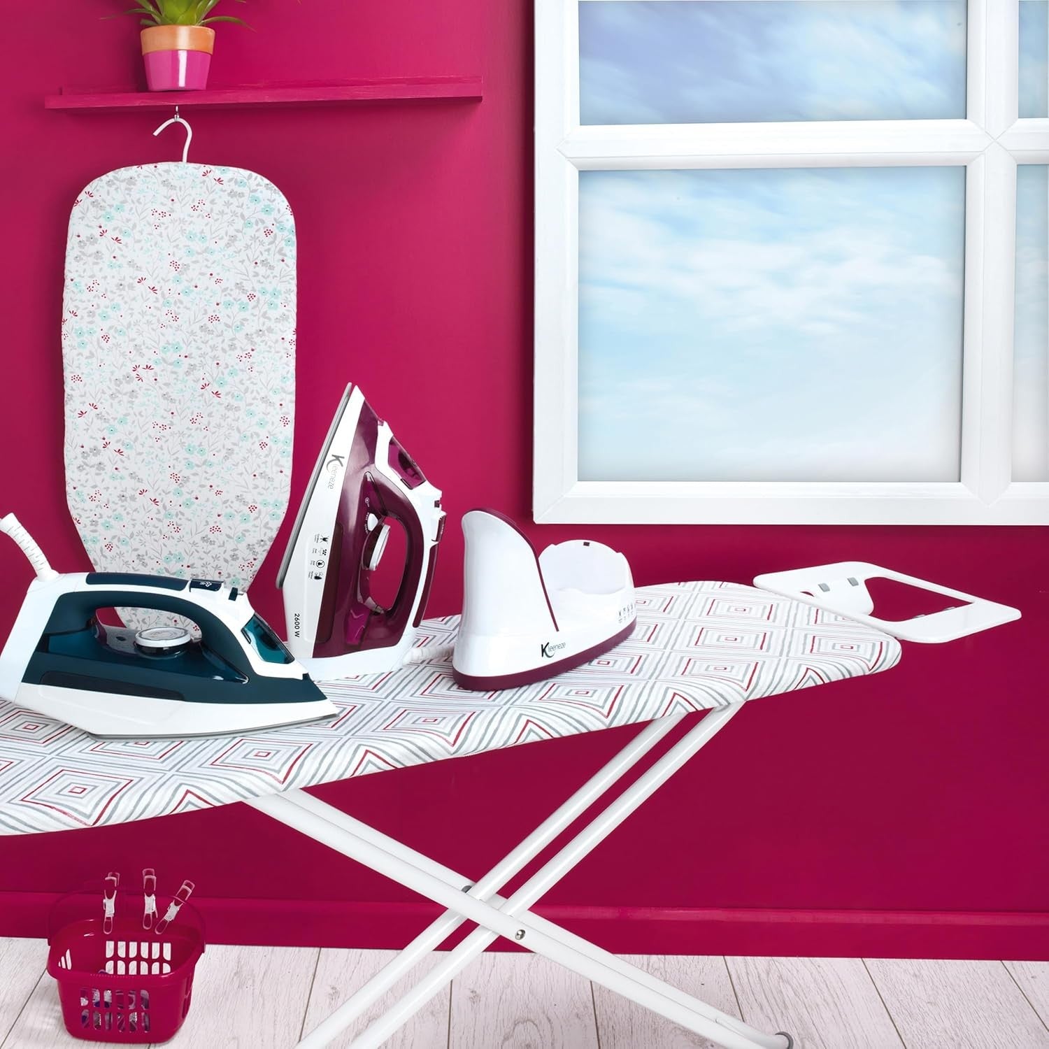 Large Folding Ironing Board Height Adjustable Pink Diamond Cover 114x34cm - Kwikley