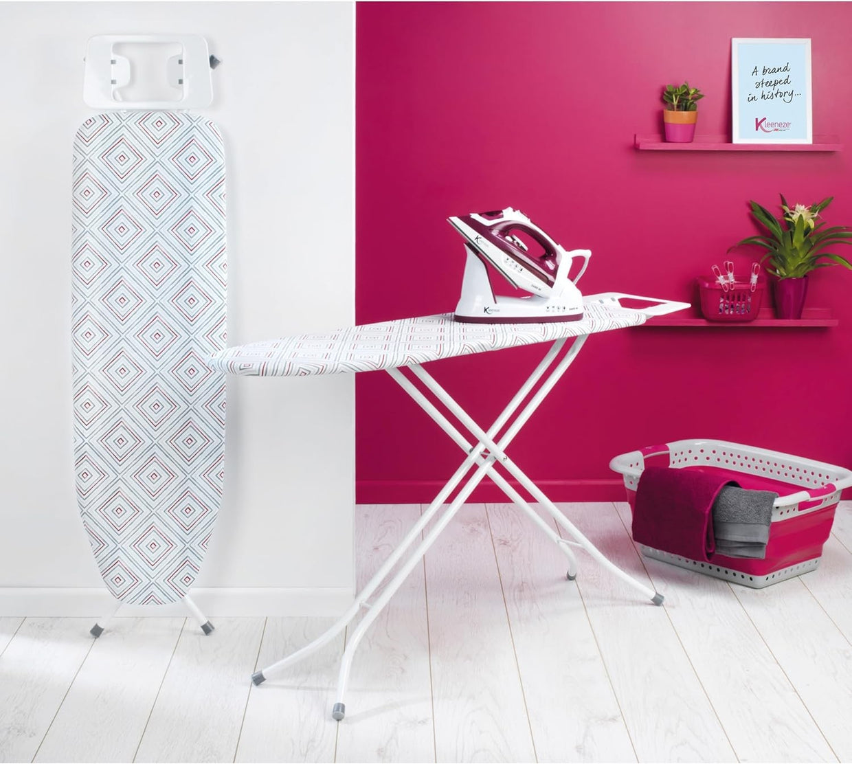 Large Folding Ironing Board Height Adjustable Pink Diamond Cover 114x34cm - Kwikley