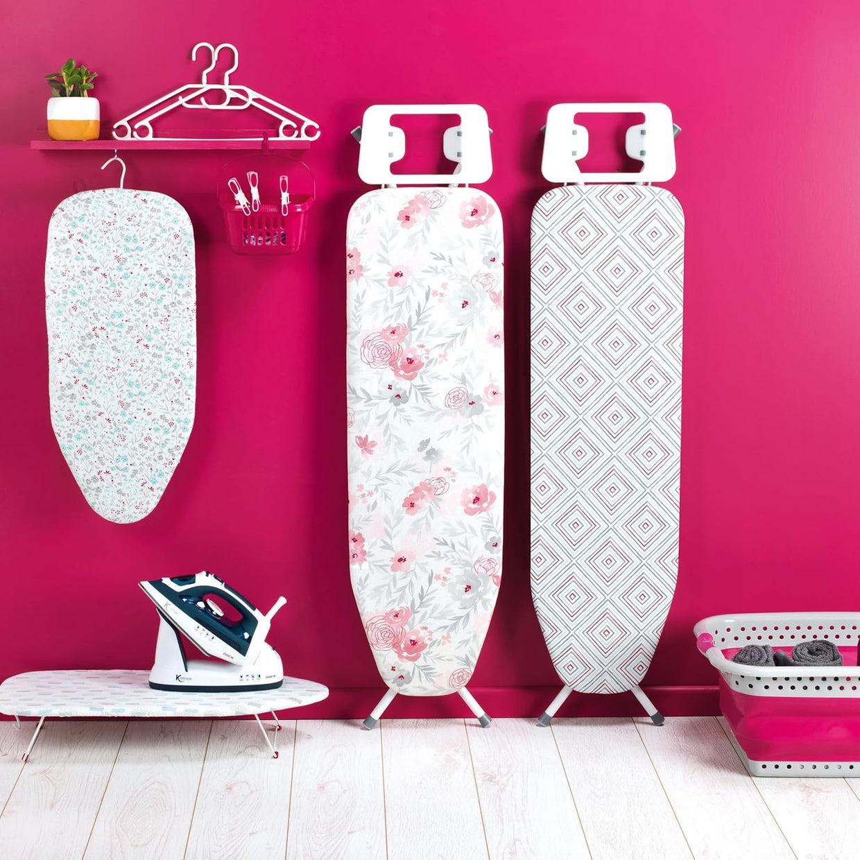 Large Folding Ironing Board Height Adjustable Pink Diamond Cover 114x34cm - Kwikley