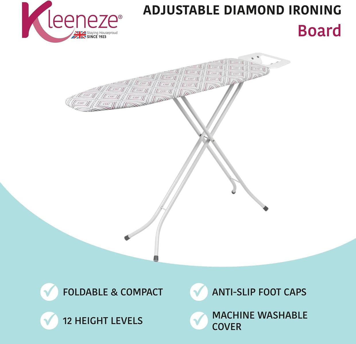 Large Folding Ironing Board Height Adjustable Pink Diamond Cover 114x34cm - Kwikley