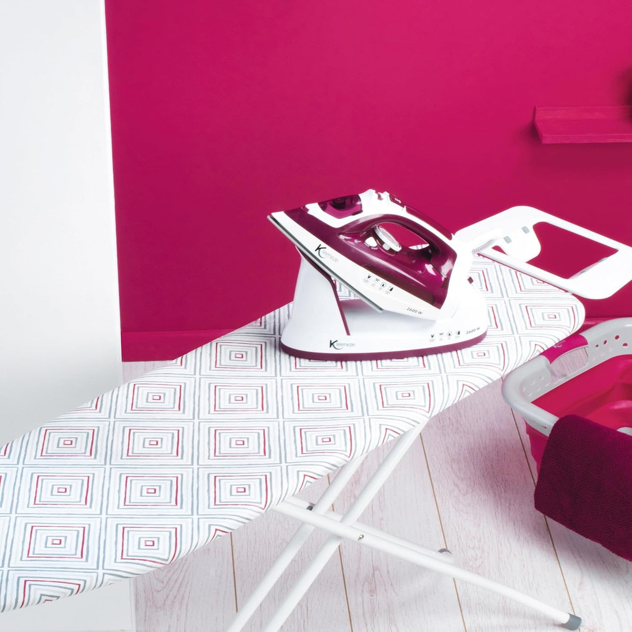 Large Folding Ironing Board Height Adjustable Pink Diamond Cover 114x34cm - Kwikley