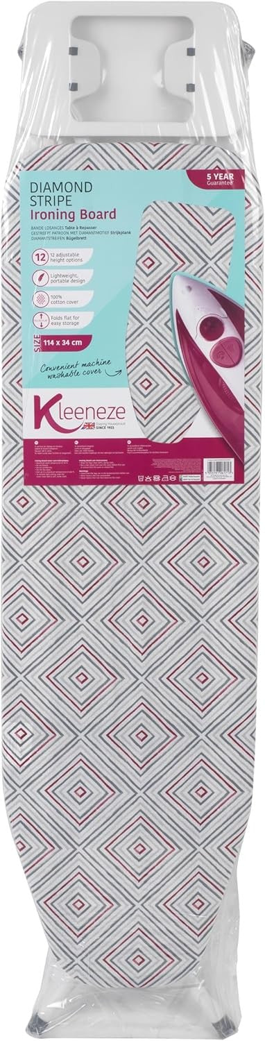 Large Folding Ironing Board Height Adjustable Pink Diamond Cover 114x34cm - Kwikley