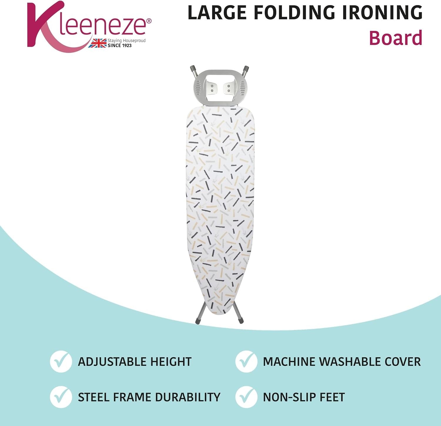 Large Folding Ironing Board with Iron Rest Height Adjustable White 122x38cm - Kwikley