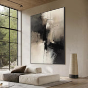 Large Framed Neutral Abstract Canvas Wall Art Black Beige 20x30in - Kwikley