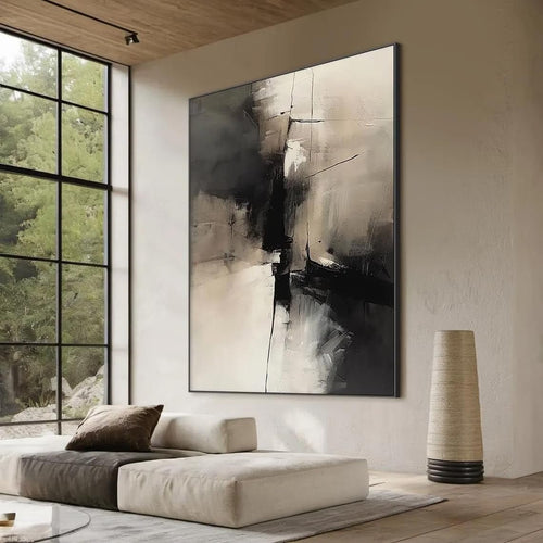 Large Framed Neutral Abstract Canvas Wall Art Black Beige 20x30in - Kwikley