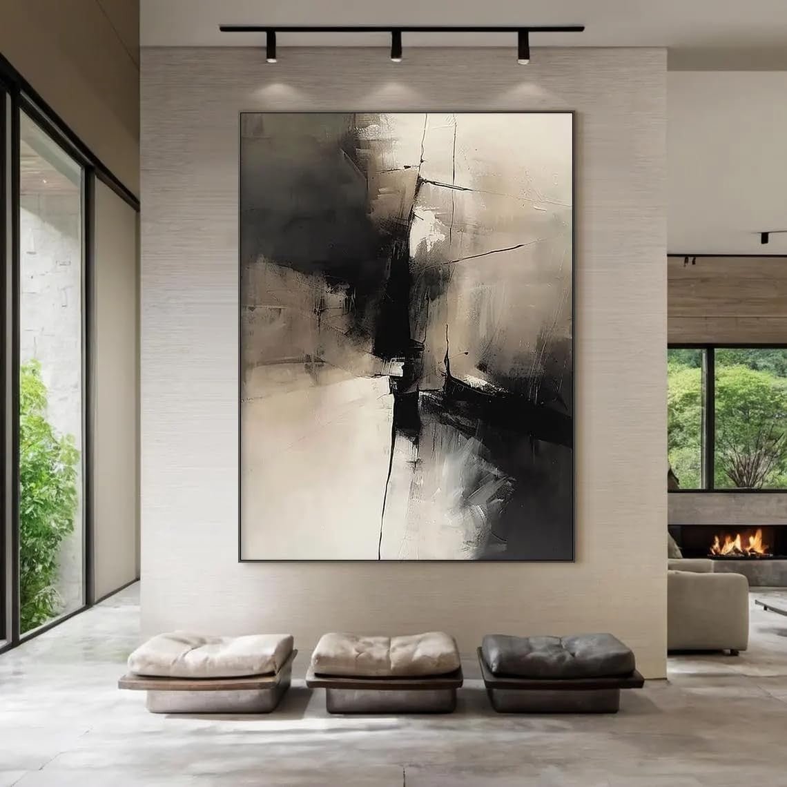 Large Framed Neutral Abstract Canvas Wall Art Black Beige 20x30in - Kwikley