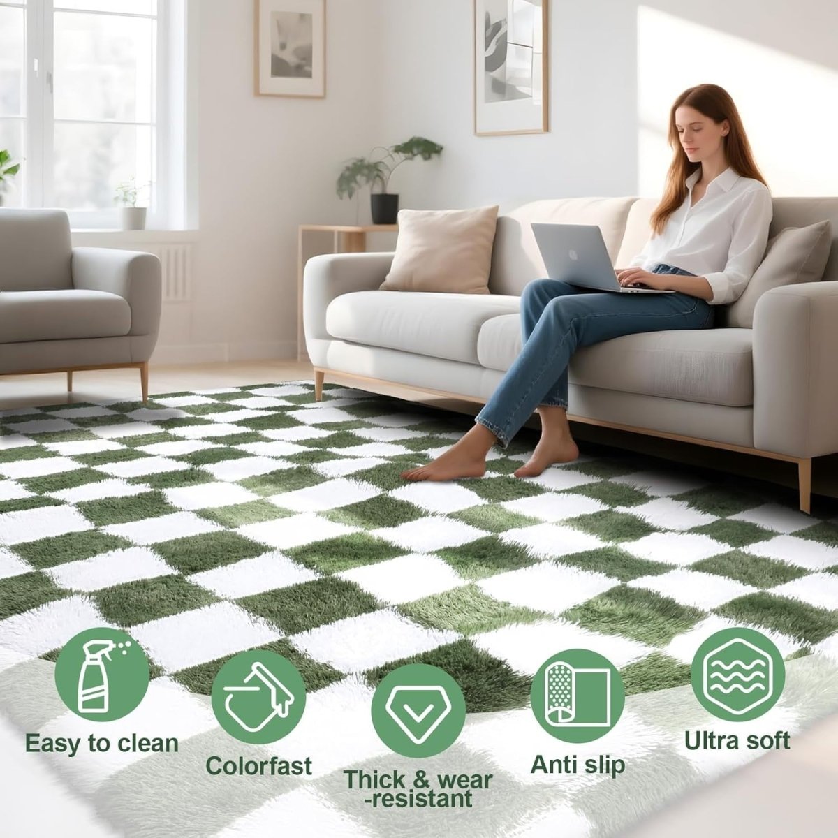 Large Geometric Rug 160x230cm Dark Green Soft Washable Anti Slip Area Carpet - Kwikley
