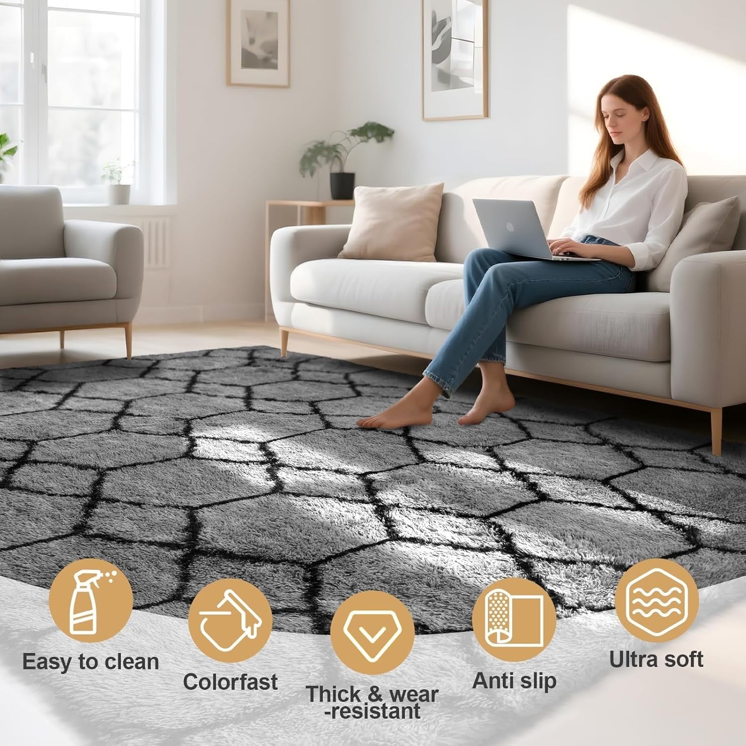 Large Geometric Rug 160x230cm Grey Soft Washable Anti Slip Area Carpet - Kwikley