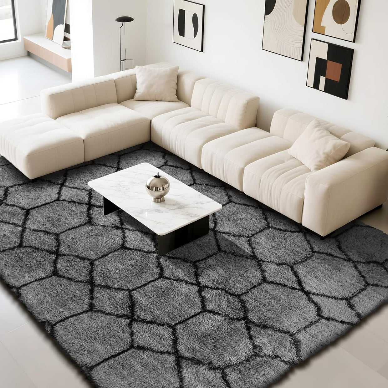 Large Geometric Rug 160x230cm Grey Soft Washable Anti Slip Area Carpet - Kwikley