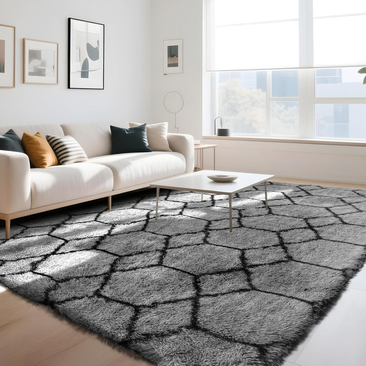 Large Geometric Rug 160x230cm Grey Soft Washable Anti Slip Area Carpet - Kwikley