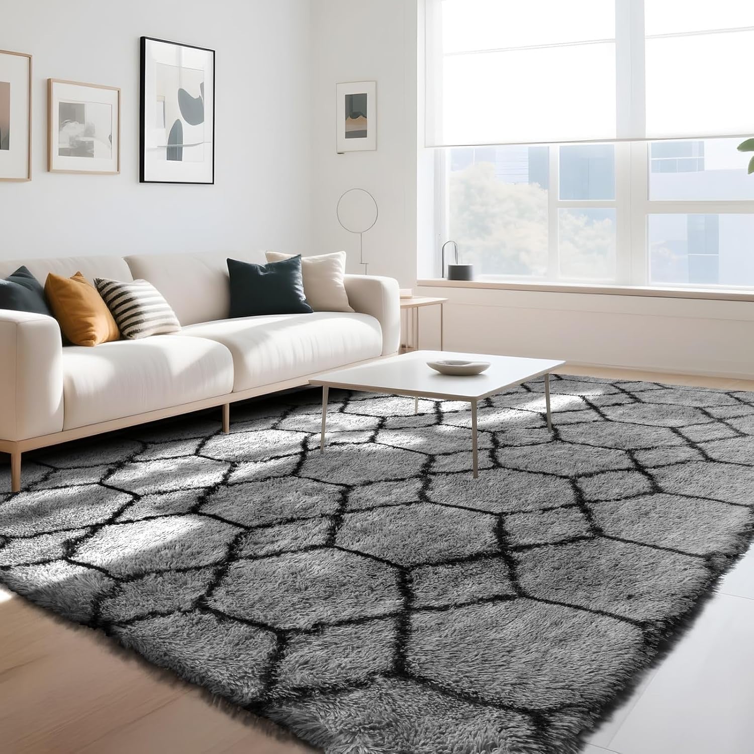 Large Geometric Rug 160x230cm Grey Soft Washable Anti Slip Area Carpet - Kwikley