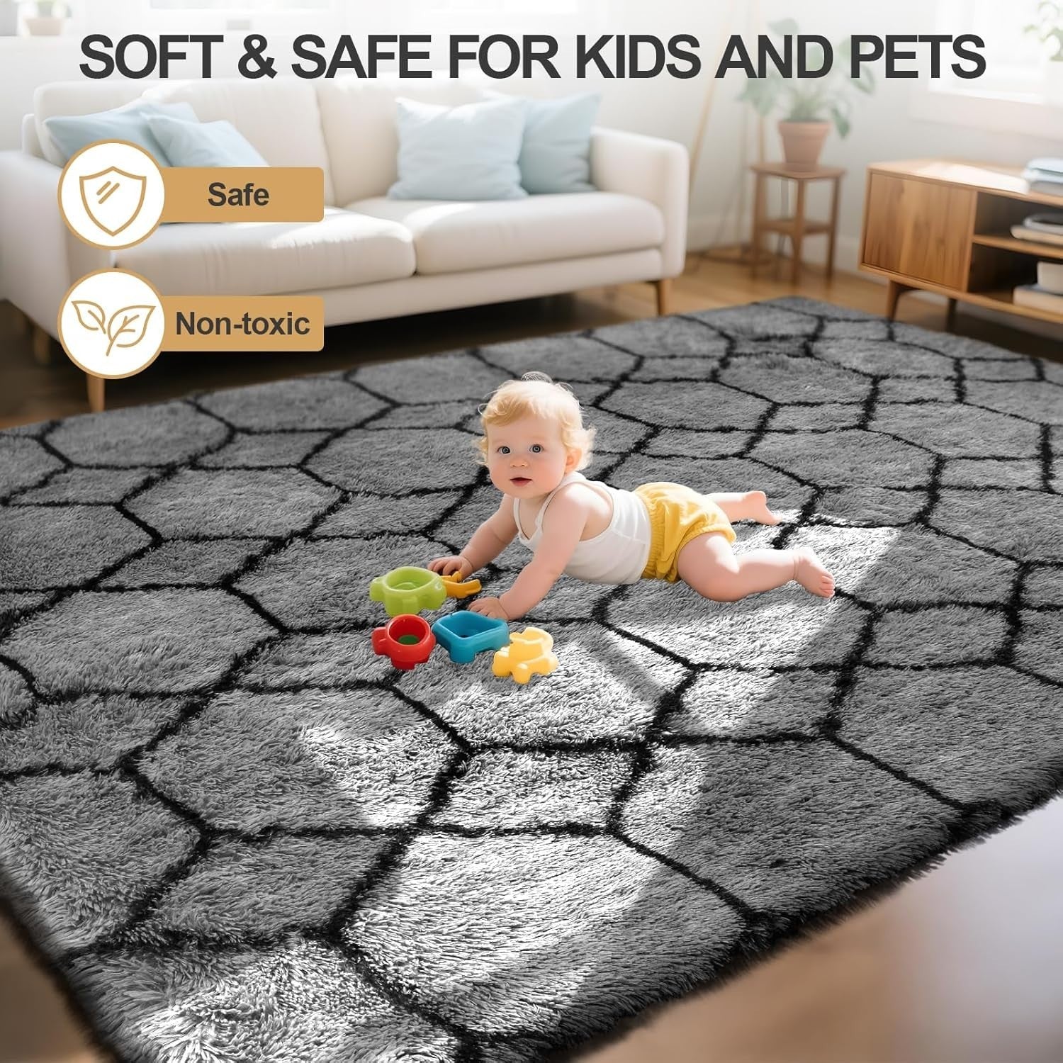 Large Geometric Rug 160x230cm Grey Soft Washable Anti Slip Area Carpet - Kwikley