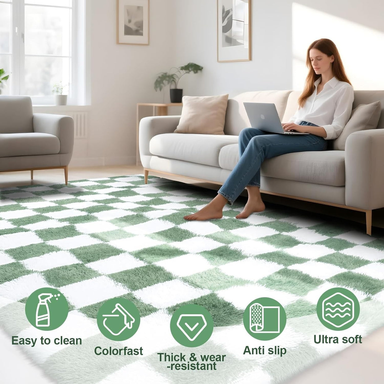 Large Geometric Rug 160x230cm Light Green Soft Washable Anti Slip Area Carpet - Kwikley