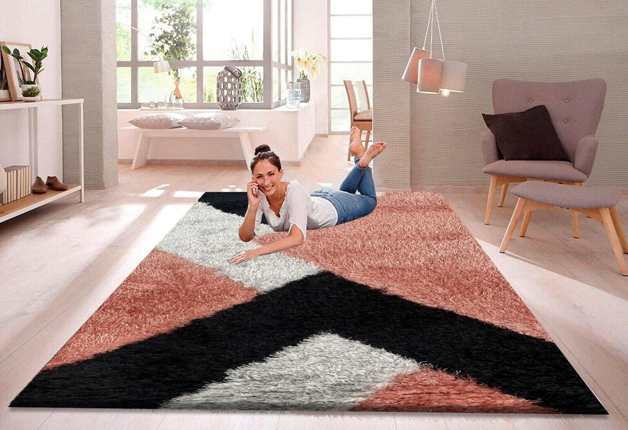 Large Geometric Shaggy Area Rug 160x230cm Soft Non Shed Living Room Carpet - Kwikley