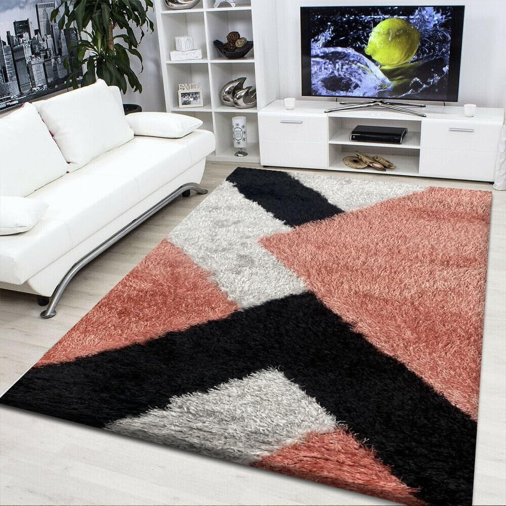 Large Geometric Shaggy Area Rug 160x230cm Soft Non Shed Living Room Carpet - Kwikley