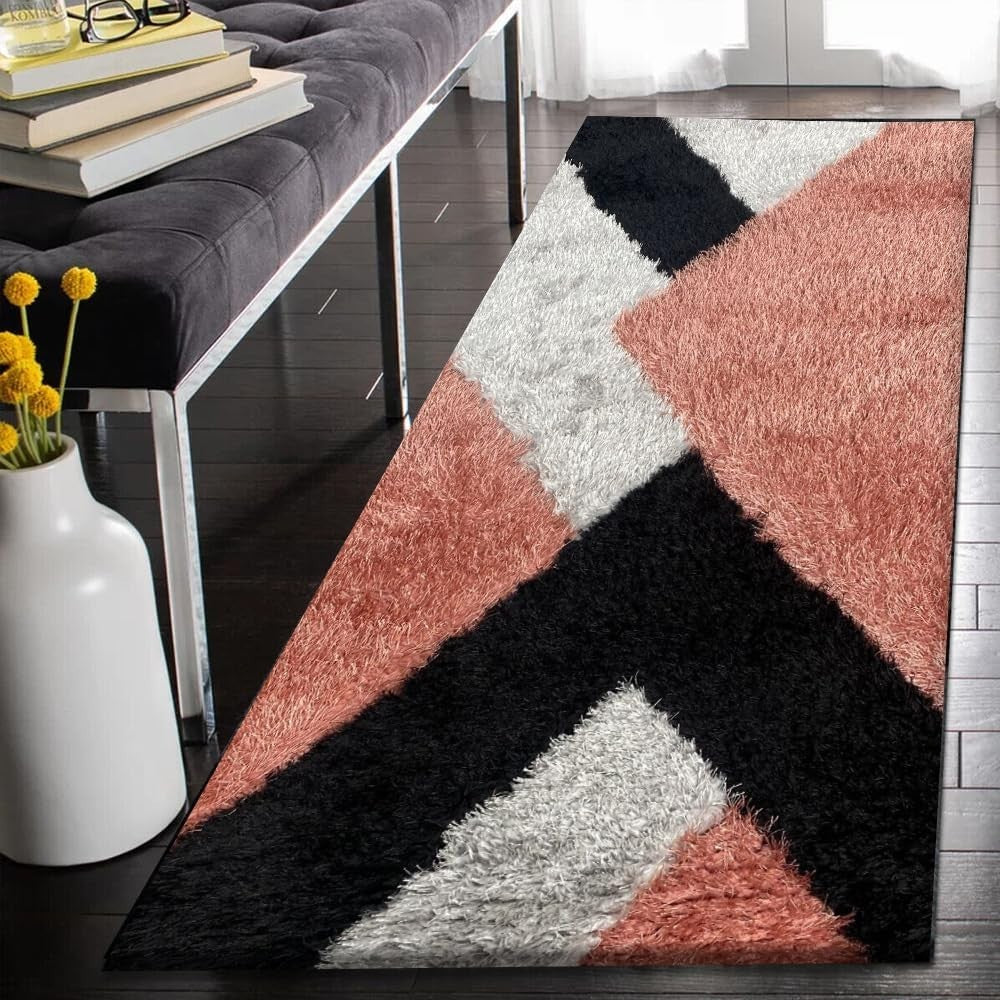 Large Geometric Shaggy Area Rug 160x230cm Soft Non Shed Living Room Carpet - Kwikley