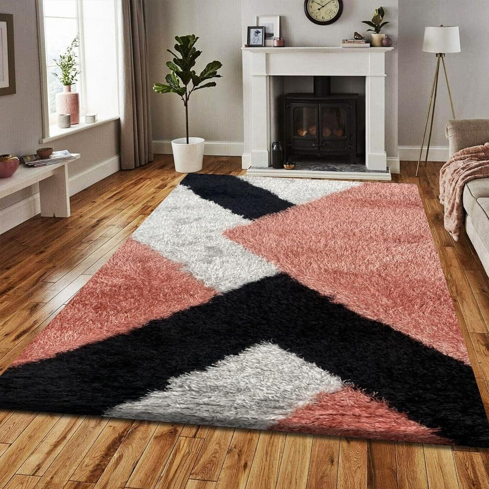 Large Geometric Shaggy Area Rug 160x230cm Soft Non Shed Living Room Carpet - Kwikley