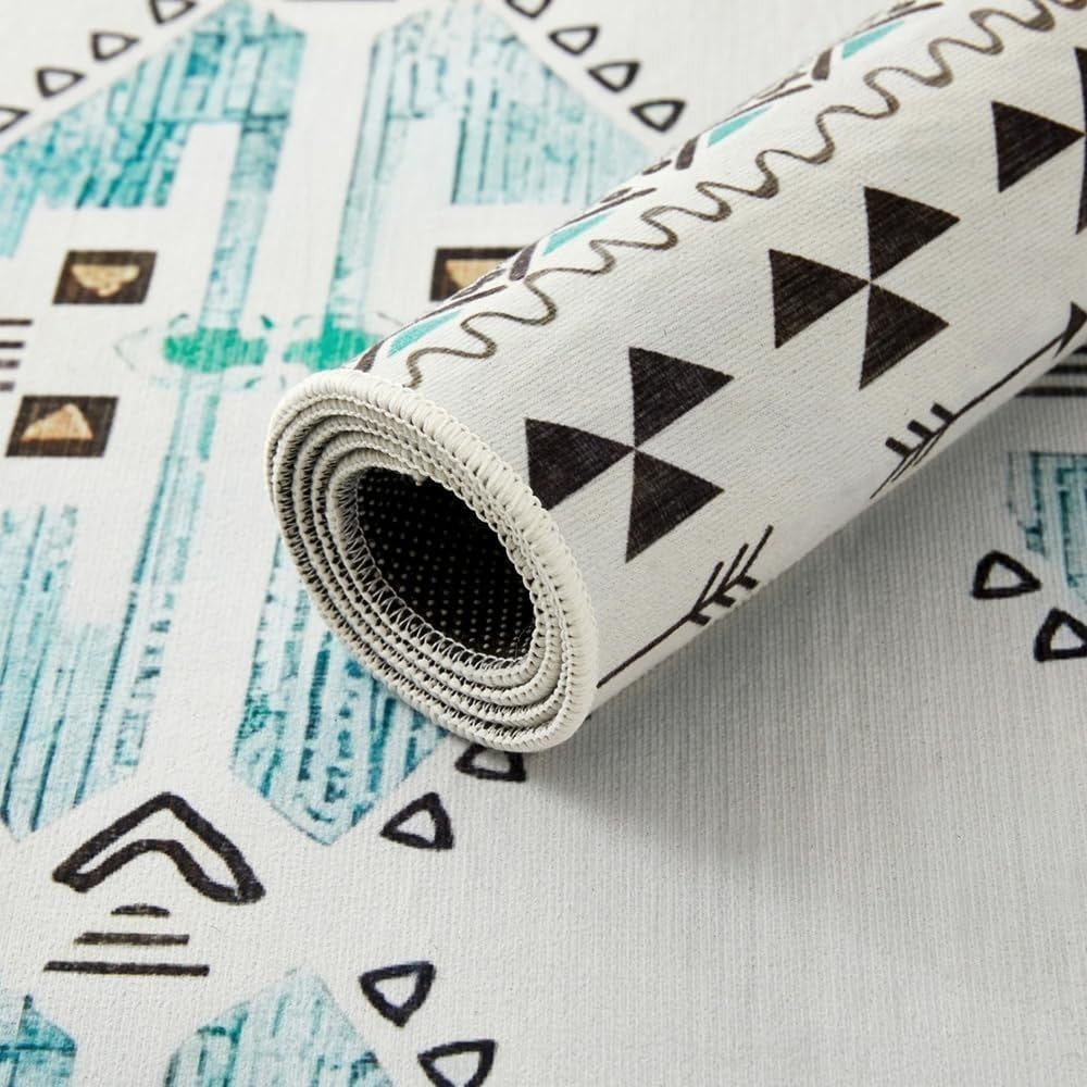 Large Geometric Tribal Rug Soft Modern Indoor Carpet Turquoise White 160x230cm - Kwikley